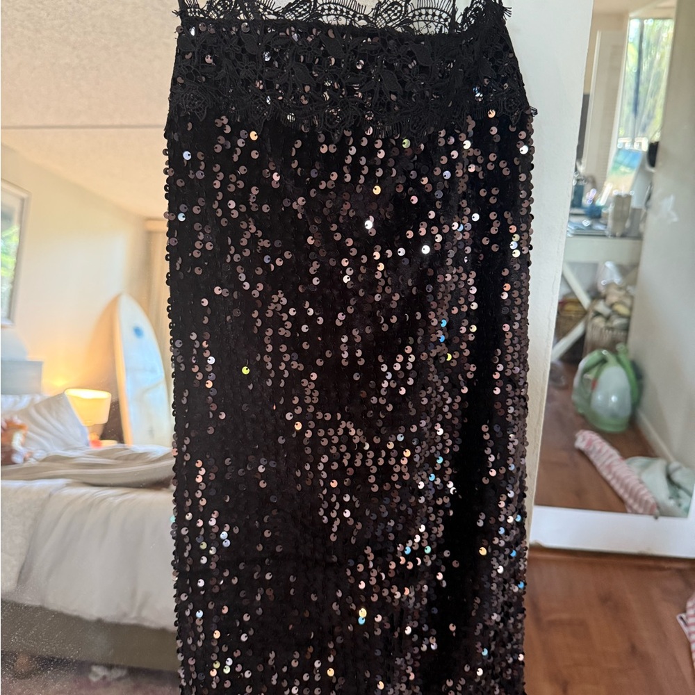 Free People Black Sequin Midi Skirt Cocktail